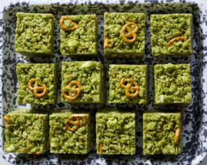 Fancy Crispy Rice Treats with Matcha and Pretzels from Bake